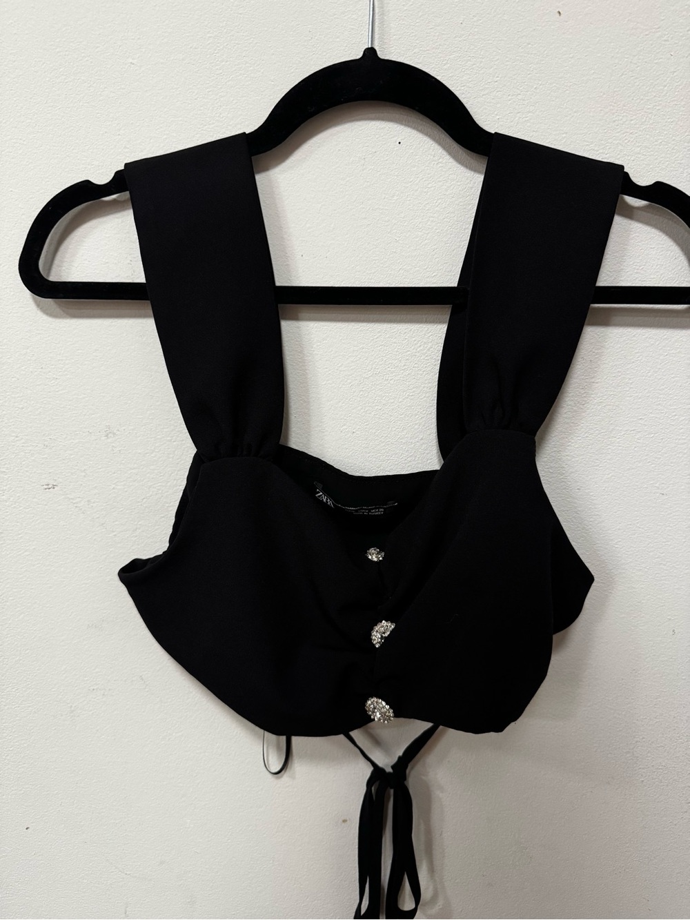 Zara Black Cropped Tie-Back Top with Rhinestone Buttons